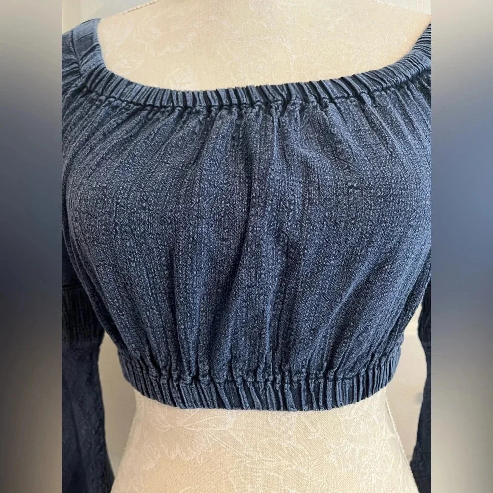 Natural Cotton FLARE MIDNIGHT BLUE OFF-SHOULDER cropped top long sleeve size M - Picture 11 of 16
